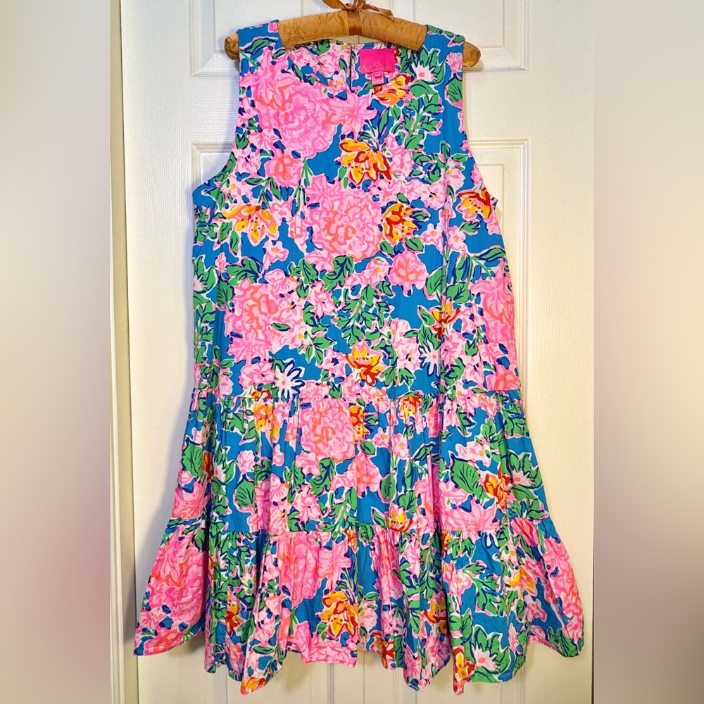 Lilly Pulitzer Trina Dress Rose To The Occasion Pink Blue Floral Tiered XL NWOT